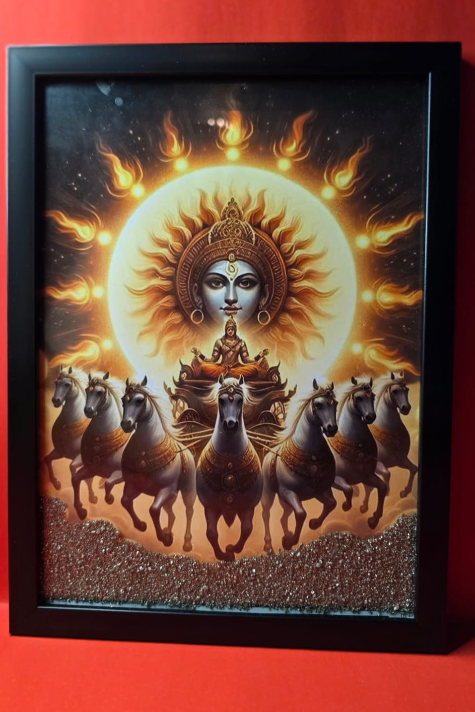 7 Running Horses with Surya Dev Frame in Pyrite – Power, Prosperity & Divine Energy