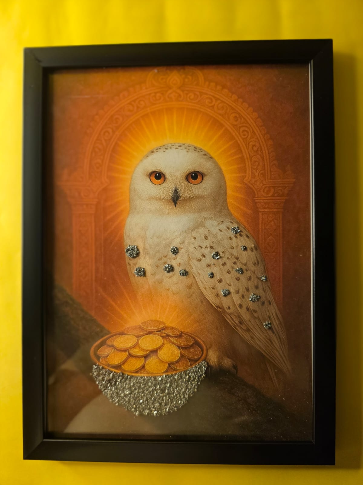Owl Carrying a Bowl of Gold, Frame in Pyrite – Wisdom, Wealth & Protection