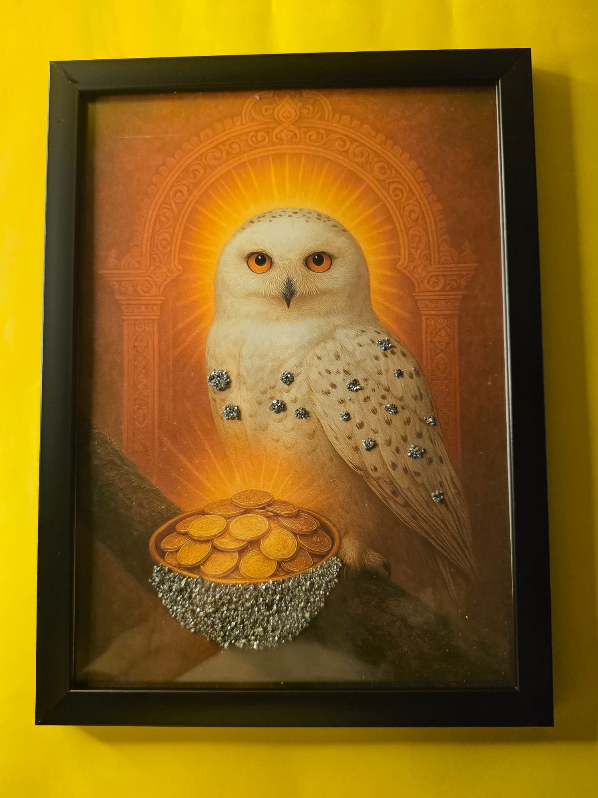 Owl Carrying a Bowl of Gold, Frame in Pyrite – Wisdom, Wealth & Protection