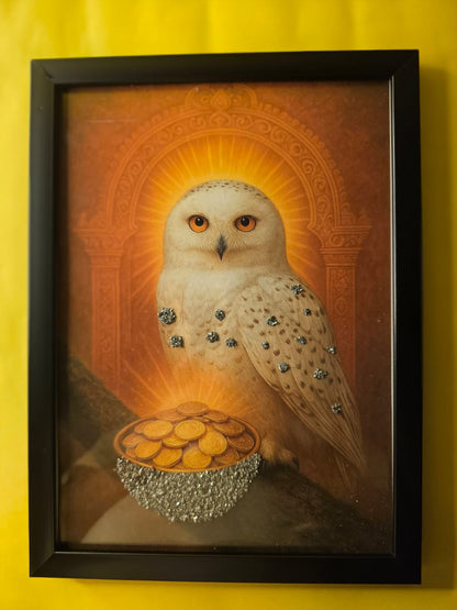 Owl Carrying a Bowl of Gold, Frame in Pyrite – Wisdom, Wealth & Protection